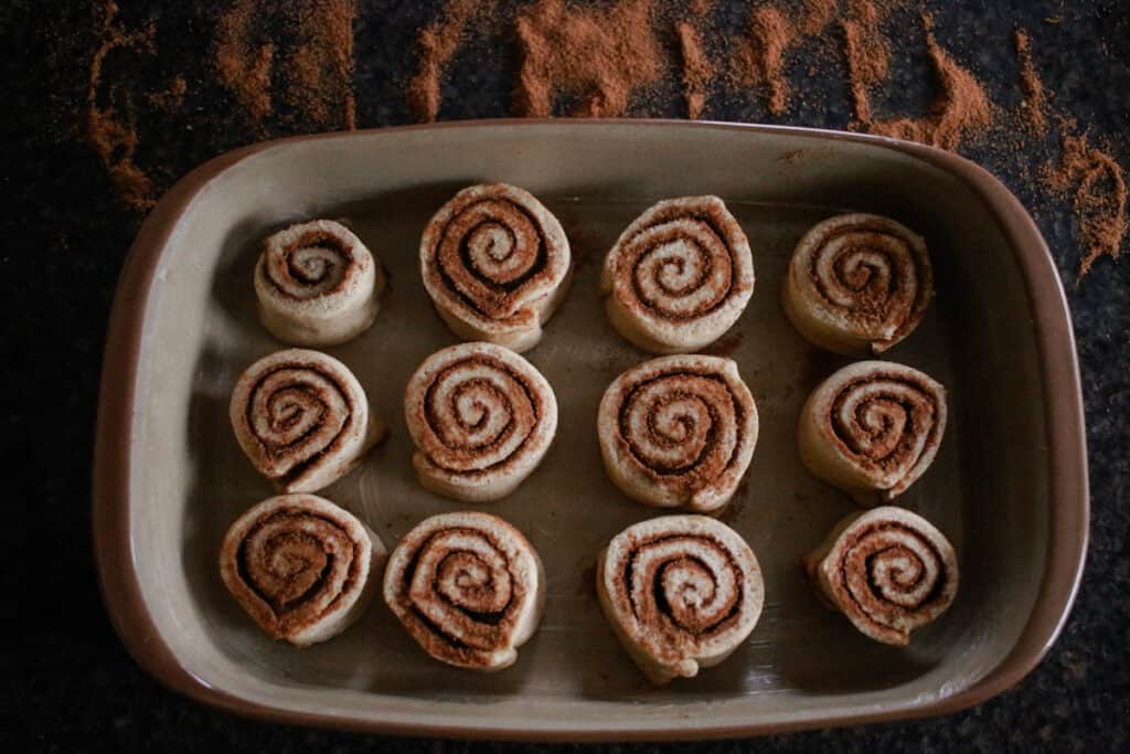 cinnamon rolls before rising in a 9x13